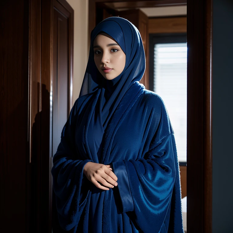 1girl,Robe with clothes,All over the body blue robe,The whole body is dressed in black,wearing a hijab,Beautiful Women