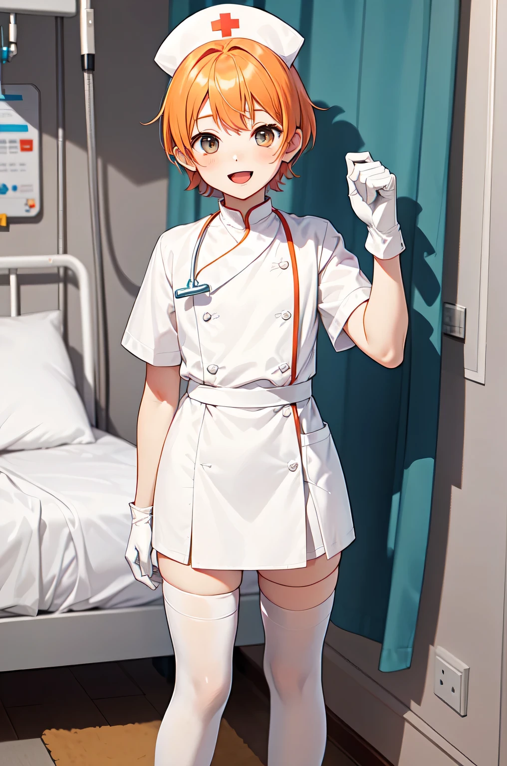 1boy, solo, male focus, nurse, white nurse cap, white nurse uniform, ((white legwear, zettai ryouiki)), white gloves, short hair, orange hair, smile, open mouth, standing, ((hospital room)), sharp outline, short sleeves, shota, 12 years old, best quality, masterpiece