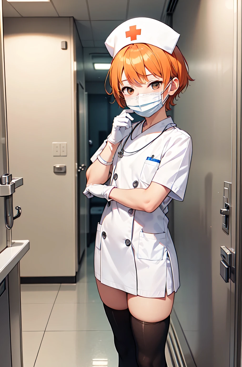 1boy, solo, male focus, nurse, white nurse cap, white nurse uniform, ((white legwear, zettai ryouiki)), white gloves, short hair, orange hair, ((white surgical mask, covered nose)), standing, ((hospital room)), sharp outline, short sleeves, shota, , best quality, masterpiece