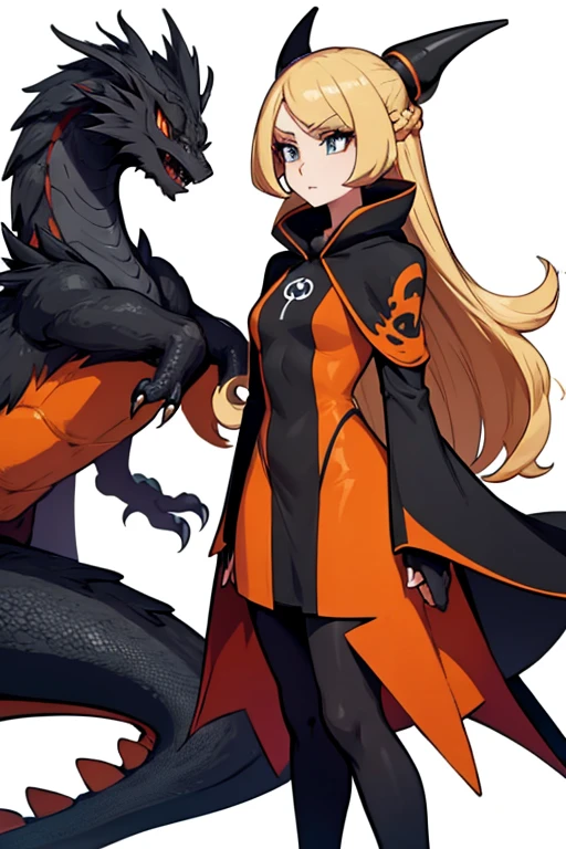 cynthia (pokemon) long blonde hair, black with orange outlines cloak, black leggings, big breasts, big ass, dragon in the background