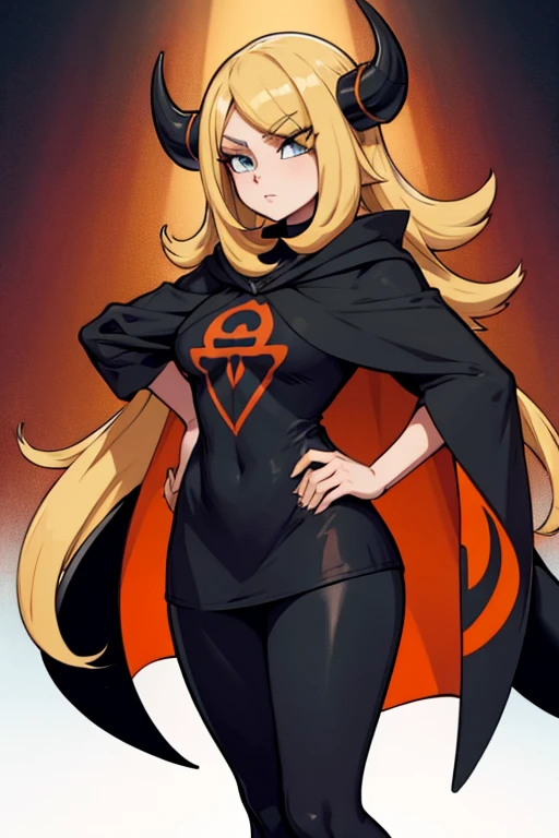 cynthia (pokemon) long blonde hair, black with orange outlines cloak, black leggings, dragon in the background