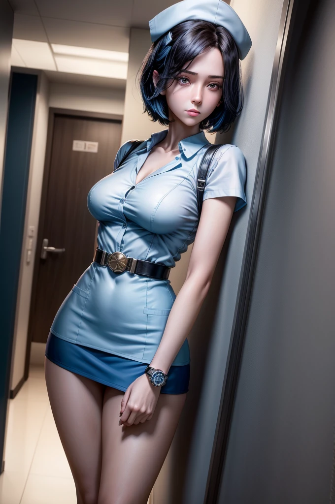 1 girl, alone, Black Short Hair, Nurse uniform,belt,((watch:1.2)), White sleeveless collared shirt,((Blue super mini skirt:1.2)), Nurse cap, Nurses move, Perfect light, 8k, masterpiece:1.2, Very detailed, Realistic:1.37, Full HD, Hospital Background,Full Body Shot
