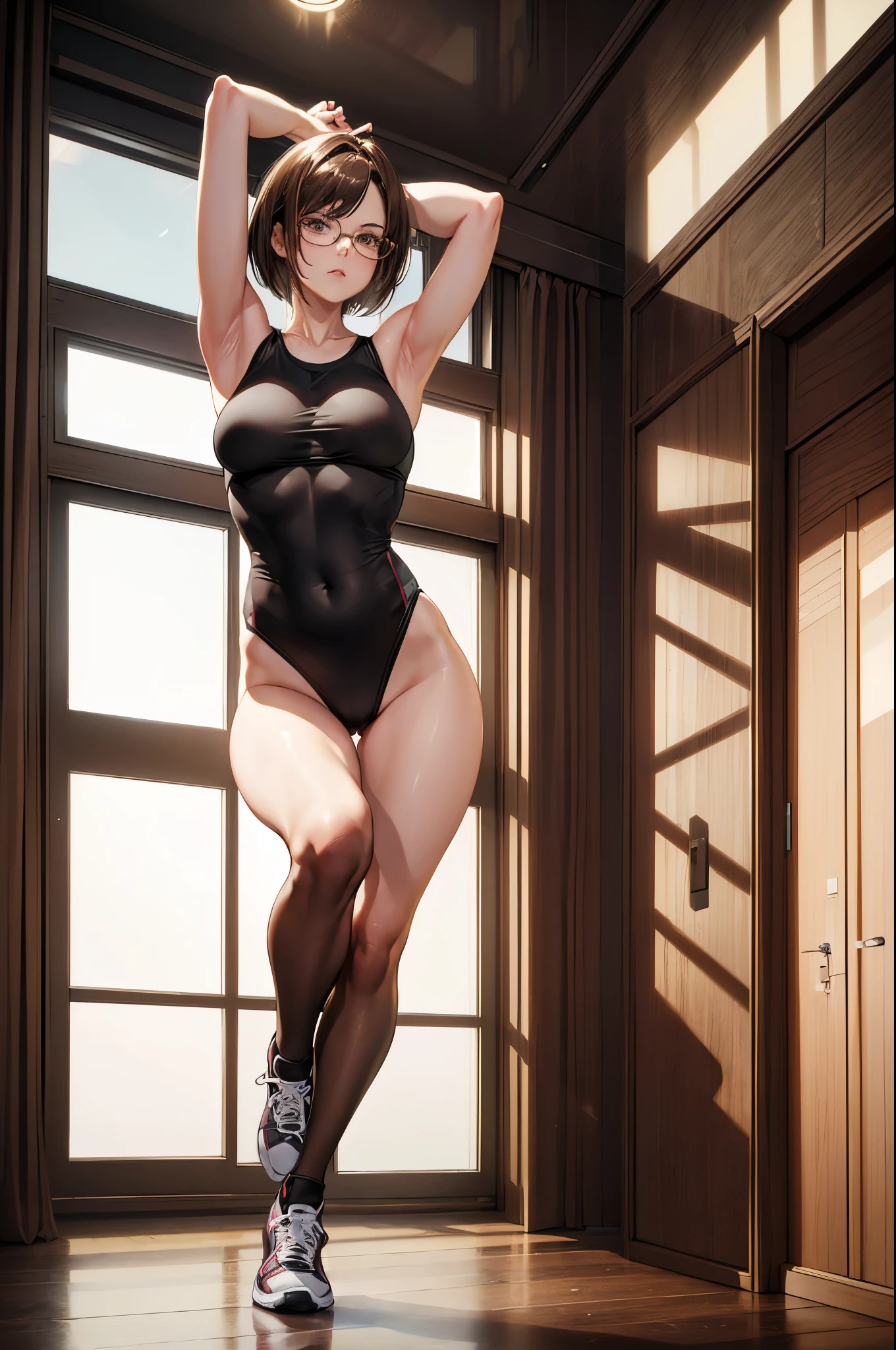 (best quality, high resolution), ultra-detailed, (realistic: 1.37), interior of a dance studio, a 30-year-old woman,slender body, she is wearing glasses, a brown short bob hair, intense,(gloomy), [streesed eyes], she is wearing a aerobics leotard, (sneaker boots).