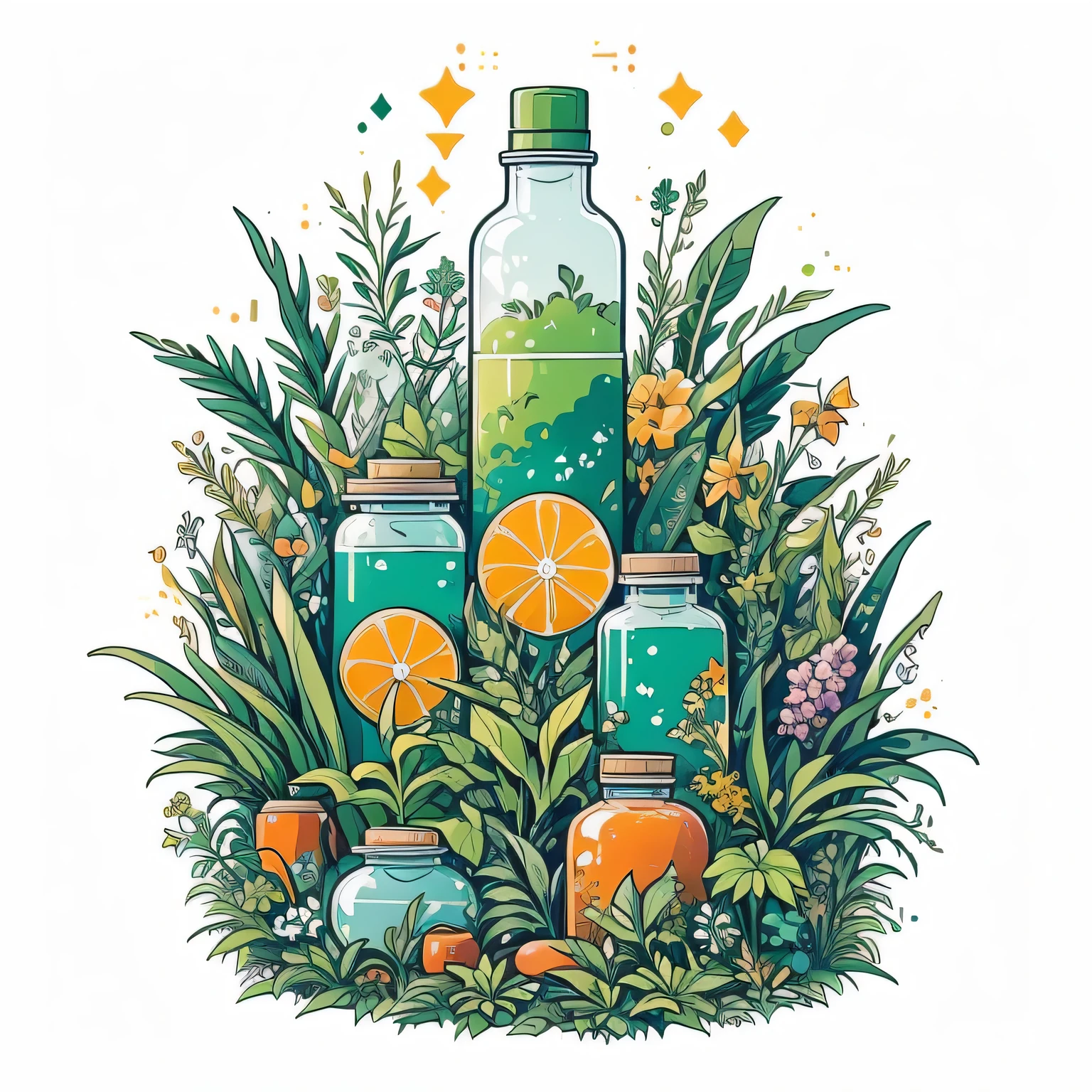 Develop an iconic logo design in an illustrative style for a Herbal Medicine and Health Tips YouTube channel depicting a magical garden with plants growing around a medicine bottle. Use a vibrant color palette to convey energy and vitality, highlighting the simplicity and effectiveness of natural cures. Apply a white background to highlight the design.