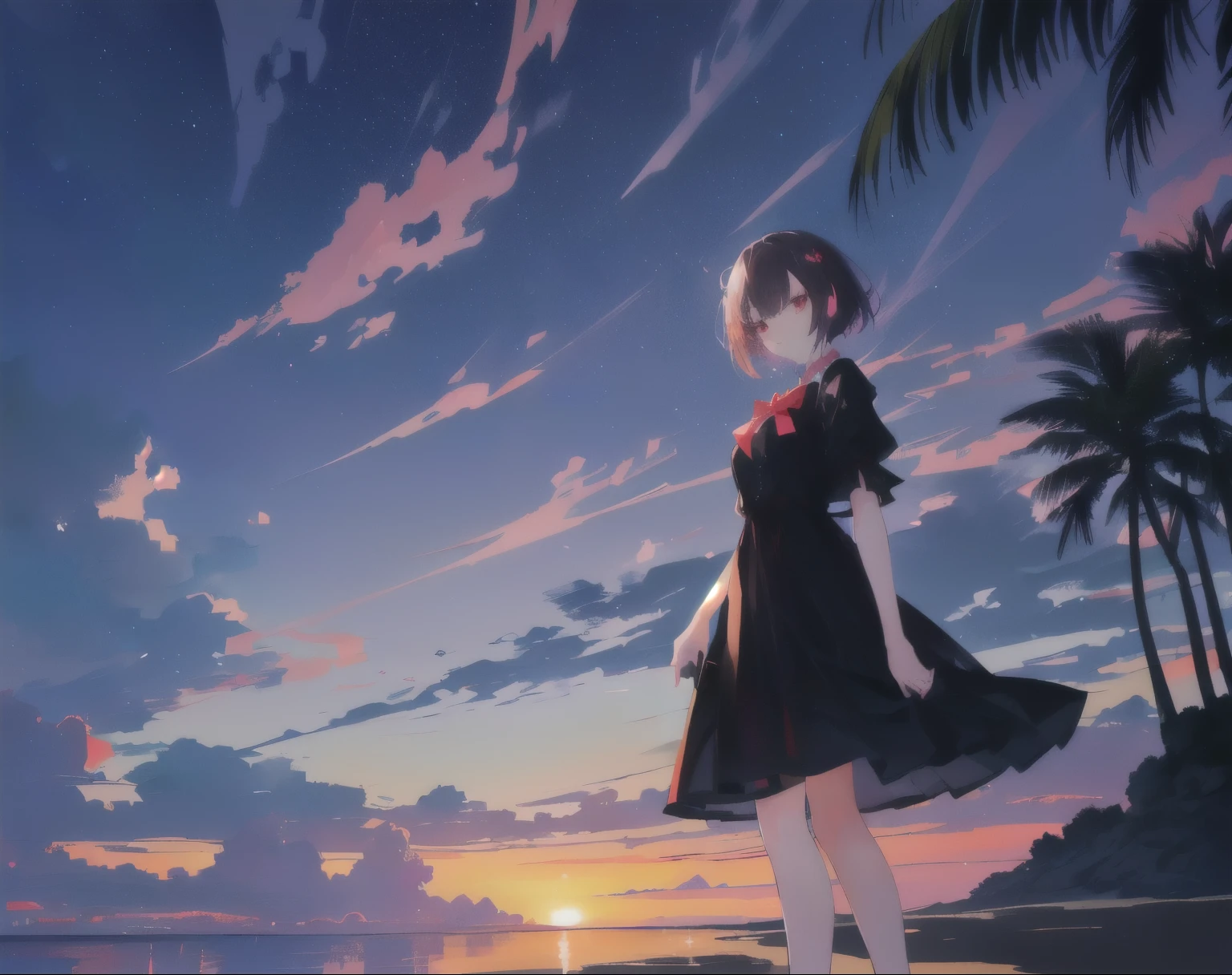 This is an anime style illustration,Depicts a female character with short hair and red eyes standing on the beach。She is wearing a black dress and a red bow tie,Holding a cell phone in his hand。Behind her is a magnificent sunset.:The sky is full of orange、Pink and purple colorful clouds;In the distance you can see a starry night sky and the Milky Way.。The sea surface sparkles with the reflection of the setting sun,There are also palm trees as foreground embellishments nearby.。The whole picture gives people a sense of tranquility and romance。