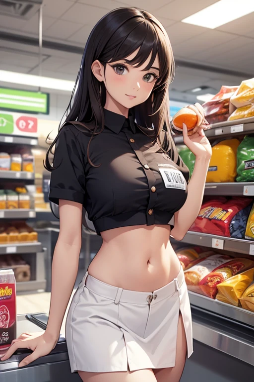 Cashier girl, crop top cashier uniform, showing navel, supermarket, behind the cashier, exposed abdomen area, 33 years-olds