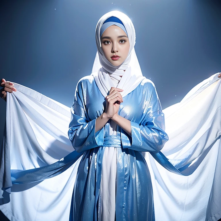 1girl,Robe with clothes,All over the body blue robe,The whole body is dressed in white,wearing a hijab,Beautiful Women