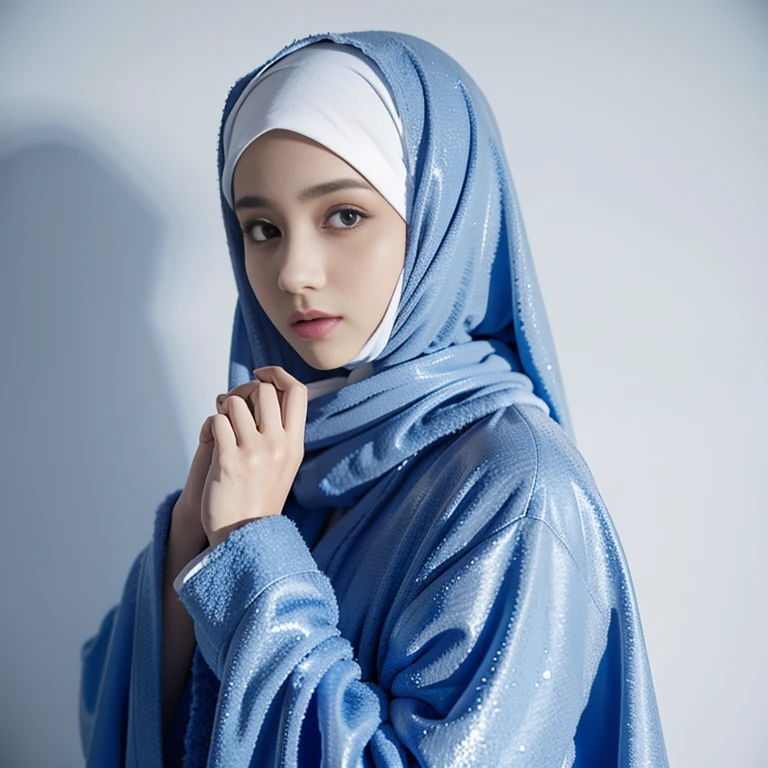 1girl，Robe with clothes，All over the body blue robe，The whole body is dressed in white，wearing a hijab，Beautiful Women