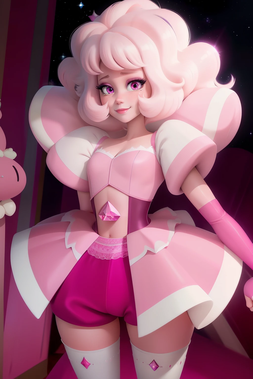 pnkdamond, pink hair, pink eyes, big hair, stomach gem, pink skin, toned,
puffy short sleeves, elbow gloves , white thighhighs, puffy dress,
standing, upper body,
outerspace,
(insanely detailed, beautiful detailed face,beautiful detailed eyes, masterpiece, best quality) cinematic lighting, smile,