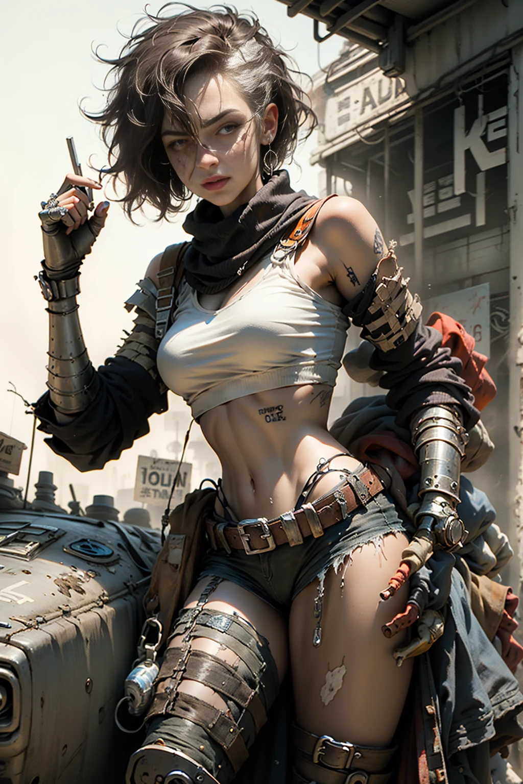Beautiful Alluring Female Dystopian Knight, oily gritty Skin, Athletic Well Toned Body, Rusty Scrap Metal Ornaments, dirty worn out leather jacket, bikini armor made of car parts and scrap metal, Dystopianpunk Theme, Dieselpunk, laying on top of a car, Beautiful D&D Character Portrait, Beautiful Face, Ominous, Dark Fantasy, Fiverr Dnd Character, Octane Render, Digital Art, Extreme Detail, 4k, Ultra Hd, Polished, Beautiful, Hyperdetailed, Intricate, Elaborate, Meticulous, Photorealistic, Sharp Focus, Wlop, Character Design, Unreal Engine, 3d Rendered, Volumetric Lighting, Reflections, Glossy, Digital Illustration, Sensual Pose, Suggestive Pose, Full Body Shot, underboob, detailed eyes, detailed face, detailed hands