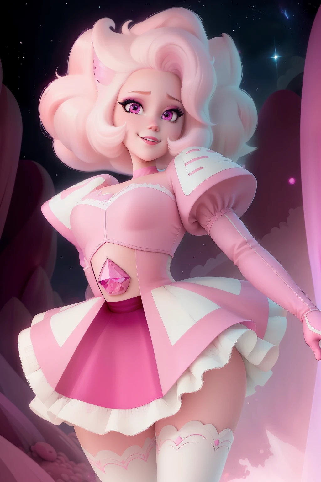 pnkdamond, pink hair, pink eyes,  big hair,  stomach gem,  pink skin,  toned, 
puffy short sleeves, elbow gloves ,  white thighhighs,   puffy dress, 
standing, upper body, 
 outerspace,  
(insanely detailed, beautiful detailed face,beautiful detailed eyes, masterpiece, best quality) cinematic lighting,  smile, 
 