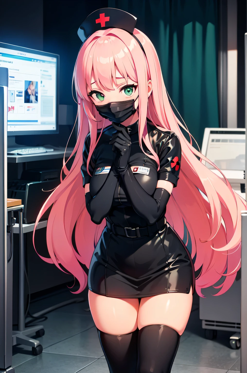 black nurse, 1woman, solo, black nurse cap, black nurse uniform, ((black legwear, zettai ryouiki)), black elbow gloves, pink hair, green eyes, drooping eyes, ((black surgical mask, covered nose)), standing, ((surgery room)), sharp outline, short sleeves, mature female, 32 years old, best quality, masterpiece