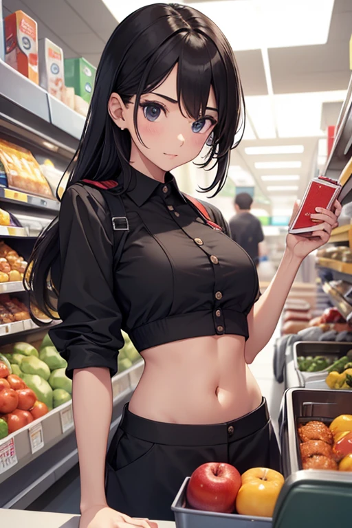 Cashier girl, crop top cashier uniform, showing navel,  supermarket, behind the cashier, exposed abdomen area, 33 years-olds