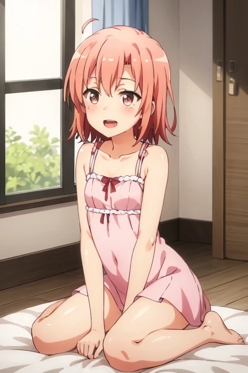 ((highest quality)), ((masterpiece)), (be familiar with), Perfect Face, indoor, Bedroom, Watching the audience,
One woman, Yuigahama Yui,
Open Mouth, Ecstatic expression, blush, smile,
Small breasts, Flat Chest, Young Girl, , , Girl,
Short Hair, Salmon-colored hair, Salmon-colored eyes, Side Pony,
Leg spread,