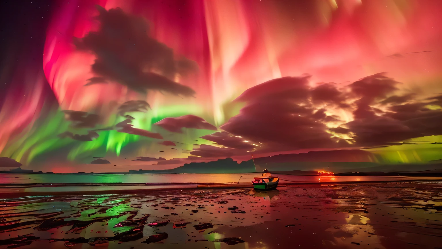 a red and green aurora bore over a beach with a boat in the water, magical colours and atmosphere, magical colors and atmosphere, red sprites in the atmosphere, breathtaking lights, rainbow aurora, epic stunning atmosphere, red glow in sky, red and green lighting, glowing nacreous clouds, mystical colors, very colorful heavenly, colorful skies, colorful glow