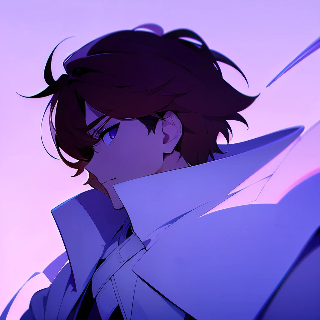 brown hair, purple eyes and white skin boy using a white coat (far from the cam) slightly arrogant