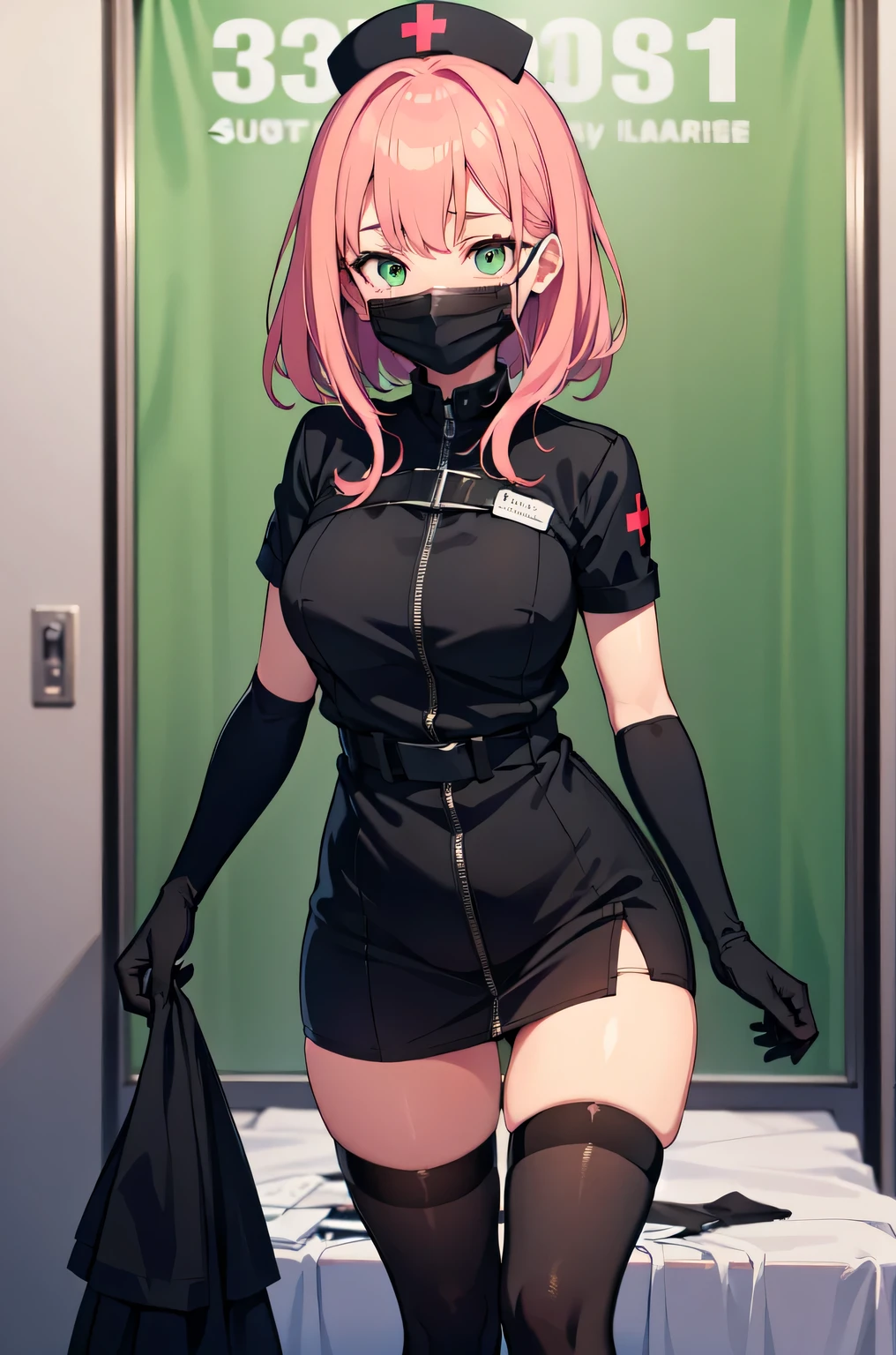 black nurse, 1woman, solo, black nurse cap, black nurse uniform, ((black legwear, zettai ryouiki)), black elbow gloves, pink hair, green eyes, drooping eyes, ((black surgical mask, covered nose)), standing, ((surgery room)), sharp outline, short sleeves, mature female, 32 years old, best quality, masterpiece