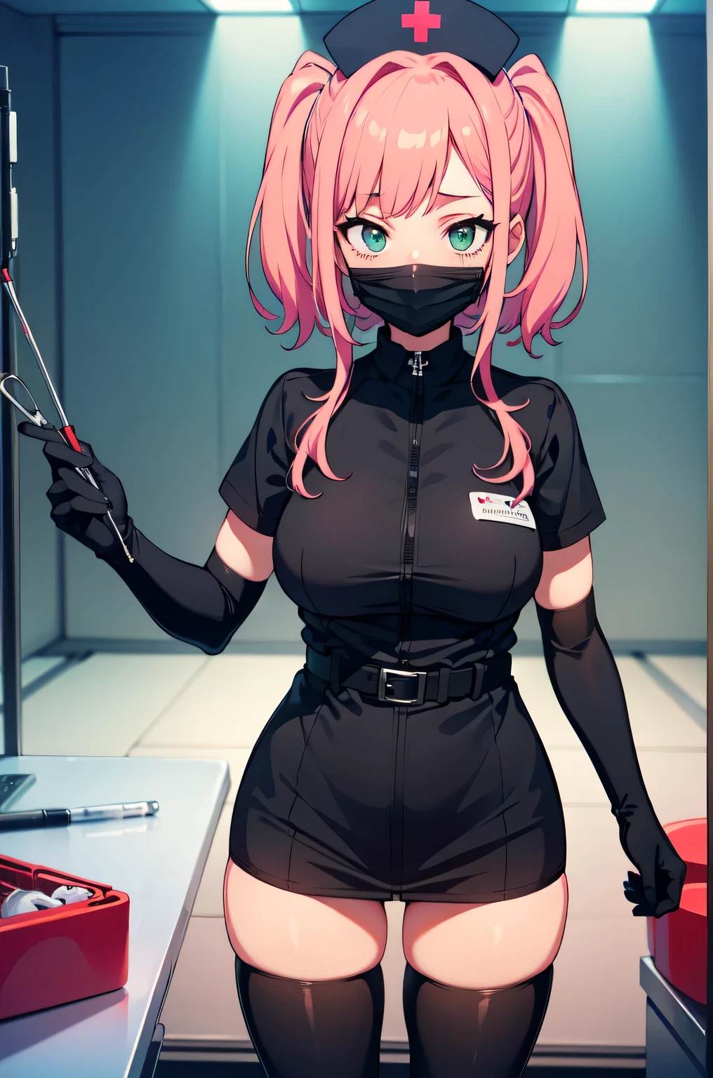 black nurse, 1woman, solo, black nurse cap, black nurse uniform, ((black legwear, zettai ryouiki)), black elbow gloves, pink hair, green eyes, drooping eyes, ((black surgical mask, covered nose)), standing, ((surgery room)), sharp outline, short sleeves, mature female, 32 years old, best quality, masterpiece