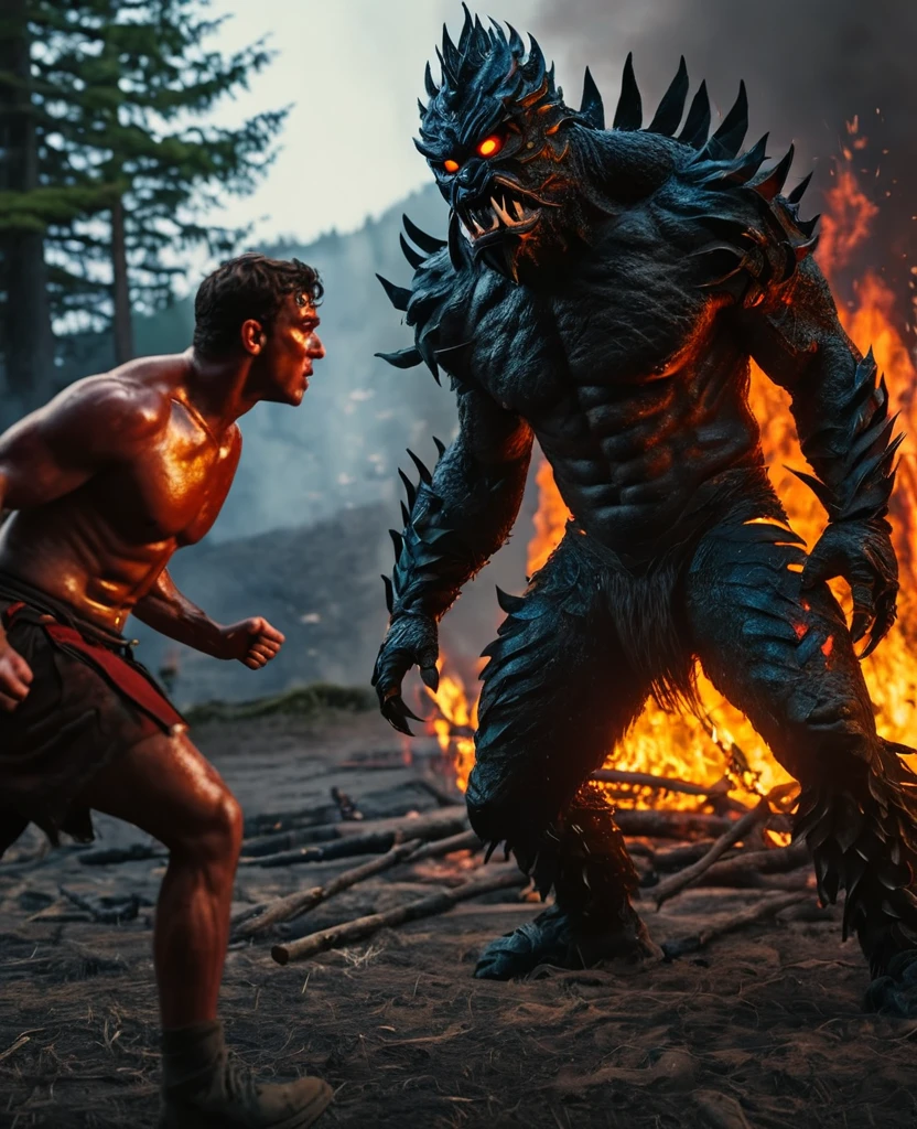 (8k, RAW photo, best quality, mastery:1.3),(realistic,photo-realistic:1.37), A moster realising fire and a warrior fight to him, and  viewer is behind him and looking seen
