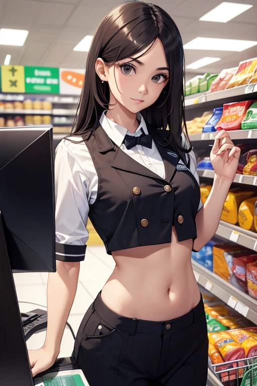 Cashier girl, crop top cashier uniform, showing navel, supermarket, behind the cashier, exposed abdomen area, 33 years-olds