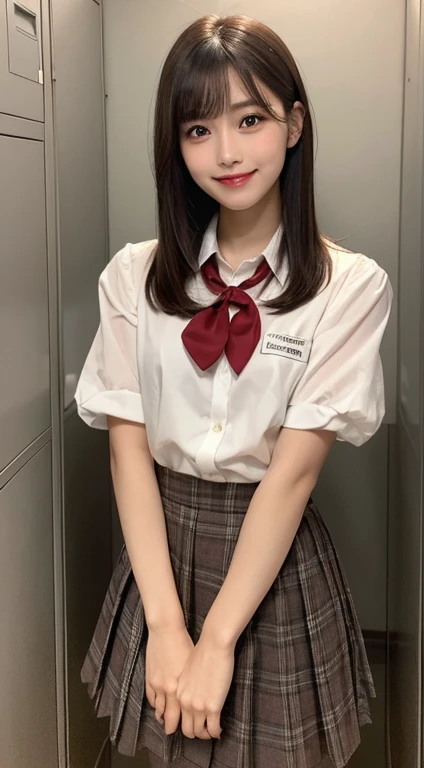 (masterpiece:1.3), high resolution, ultra detailed, extremely detailed CG unity 8k wallpaper, realistic, photo-realistic, RAW photo, beautiful detailed face, pale skin, realistic skin, detailed cloth texture, detailed hair texture, Perfect proportion, Beautiful Face, accurate, Anatomically correct, Highly detailed face and skin texture, natural neck length, (beautiful hands), (fair skin:1.2), Thin legs, Thin feet, Sexy thighs, BREAK, Detailed eyes, symmetrical eyes, Light Brown eyes, Double eyelids, Thin eyebrows, (Glossy lips:1.4), ((Pretty smile:1.2)), (blush:1.2), BREAK, (A Classy and Cute girl:1.3), (japanese school uniform), (slender figure:1.2), (Dark brown hair, wavy hair), ((short hair, asymmetrical bangs:1.2)), (full body shot), (looking at viewer:1.2), BREAK, (locker room),
