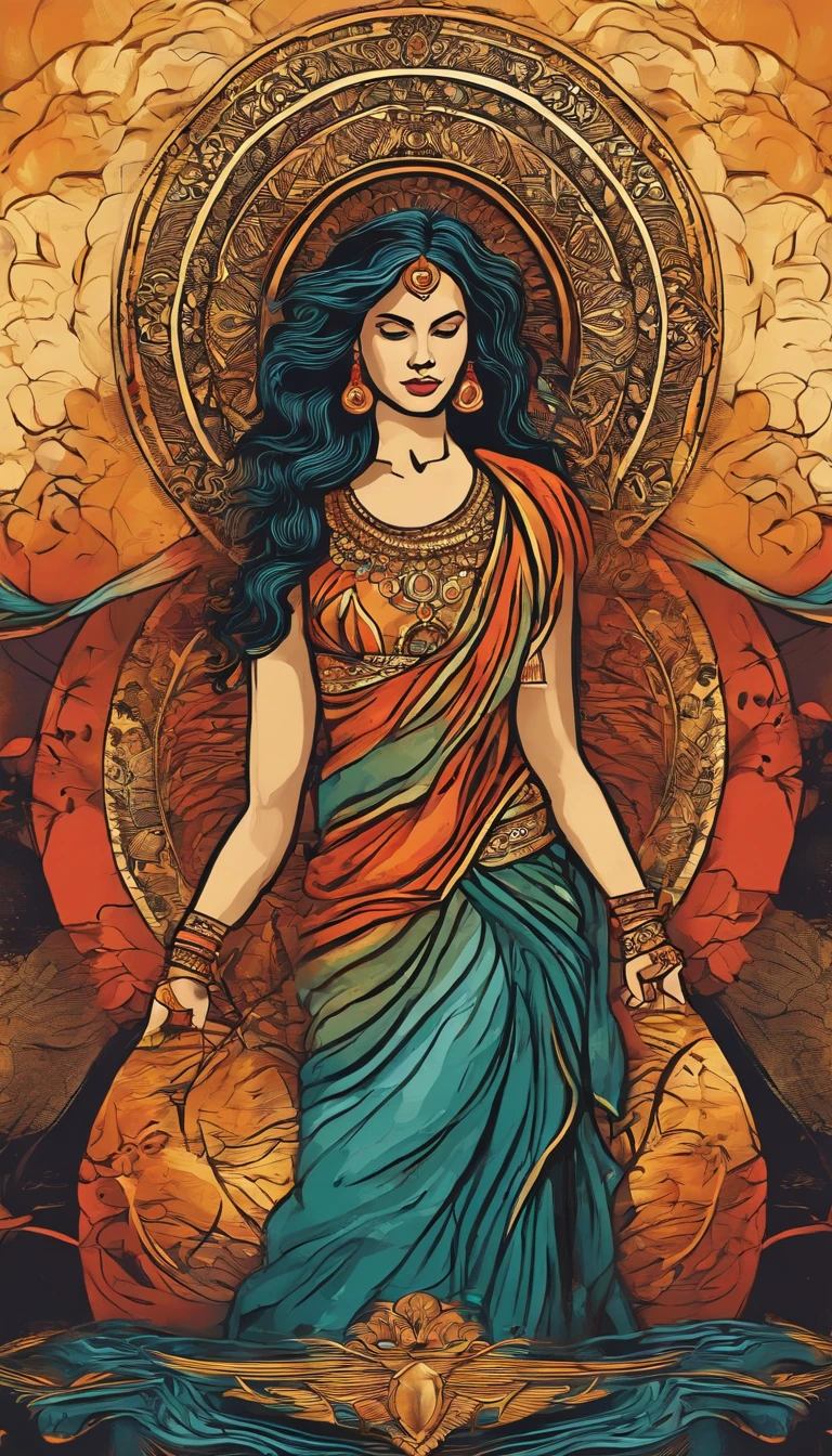 (altamente detalhado), (illustration), (intrincado), (beautiful face), (corpo atraente), (imagem completa do corpo), Deusa indiana moderna, Hinduism, (saree vermelho transparente), visible skin, NSFW, dynamic pose, coroa da divindade, (Lion standing nearby), colorido, Atraente, celestial.