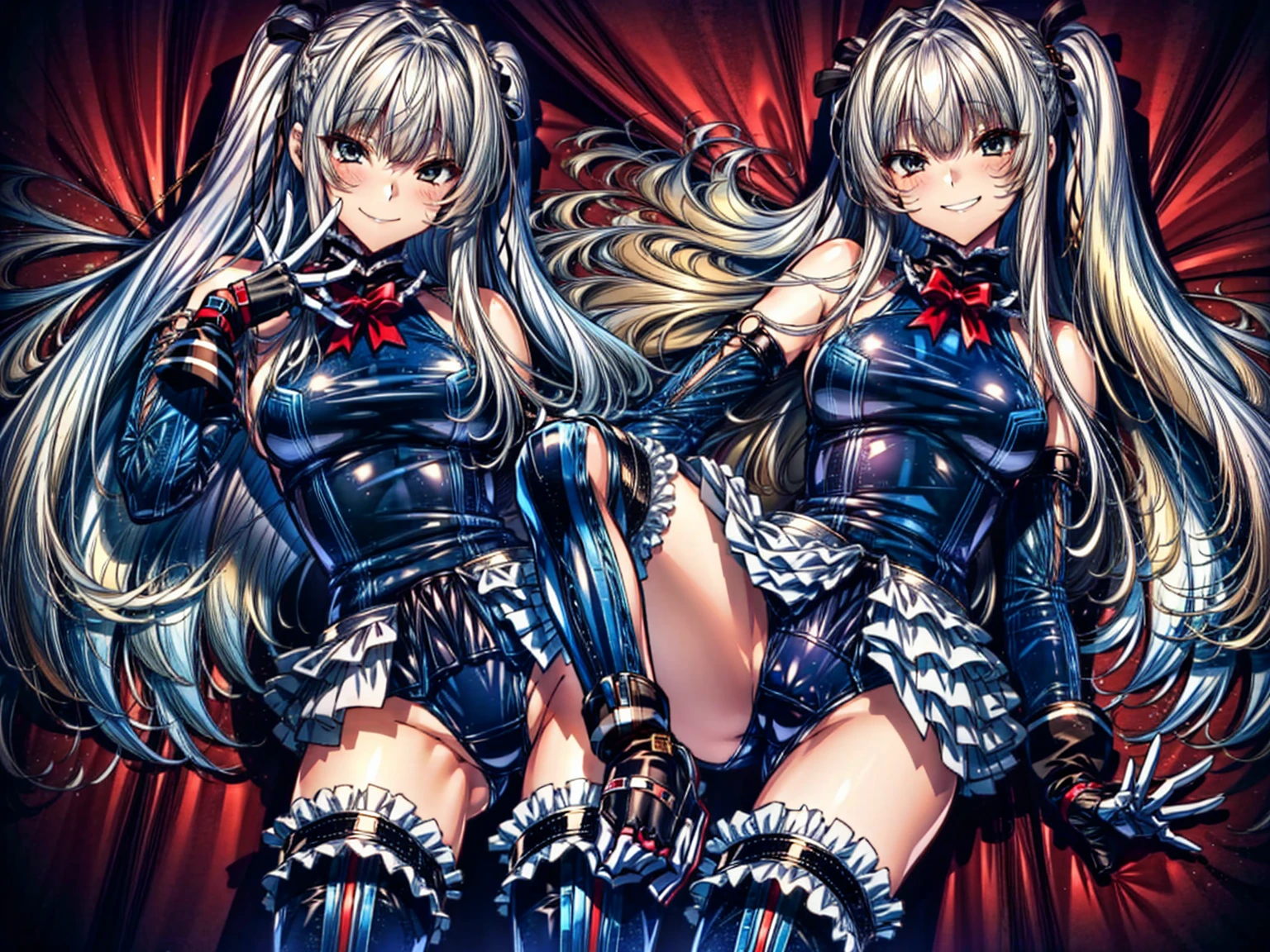 4K,Perfect Anatomy, highest quality, Marie Rose,Wicked Smile,Provocative attitude
,,Wicked Smile,Anime Style,(Frilled swimsuit, Knee socks, Removed sleeve), (Anime Style:1.4) ,
Silver Hair,(White fingers:1.1,Black gloves),Very long hair,
Hollow Eyes,whole body