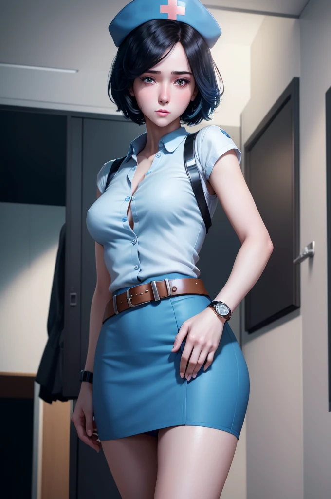 1 girl, alone, Black Short Hair, Nurse uniform,belt,((watch:1.2)), White sleeveless collared shirt,((Blue super mini skirt:1.2)), Nurse cap, Nurses move, Perfect light, 8k, masterpiece:1.2, Very detailed, Realistic:1.37, Full HD, Hospital Background,Full Body Shot,((Blushed face:1.2))
