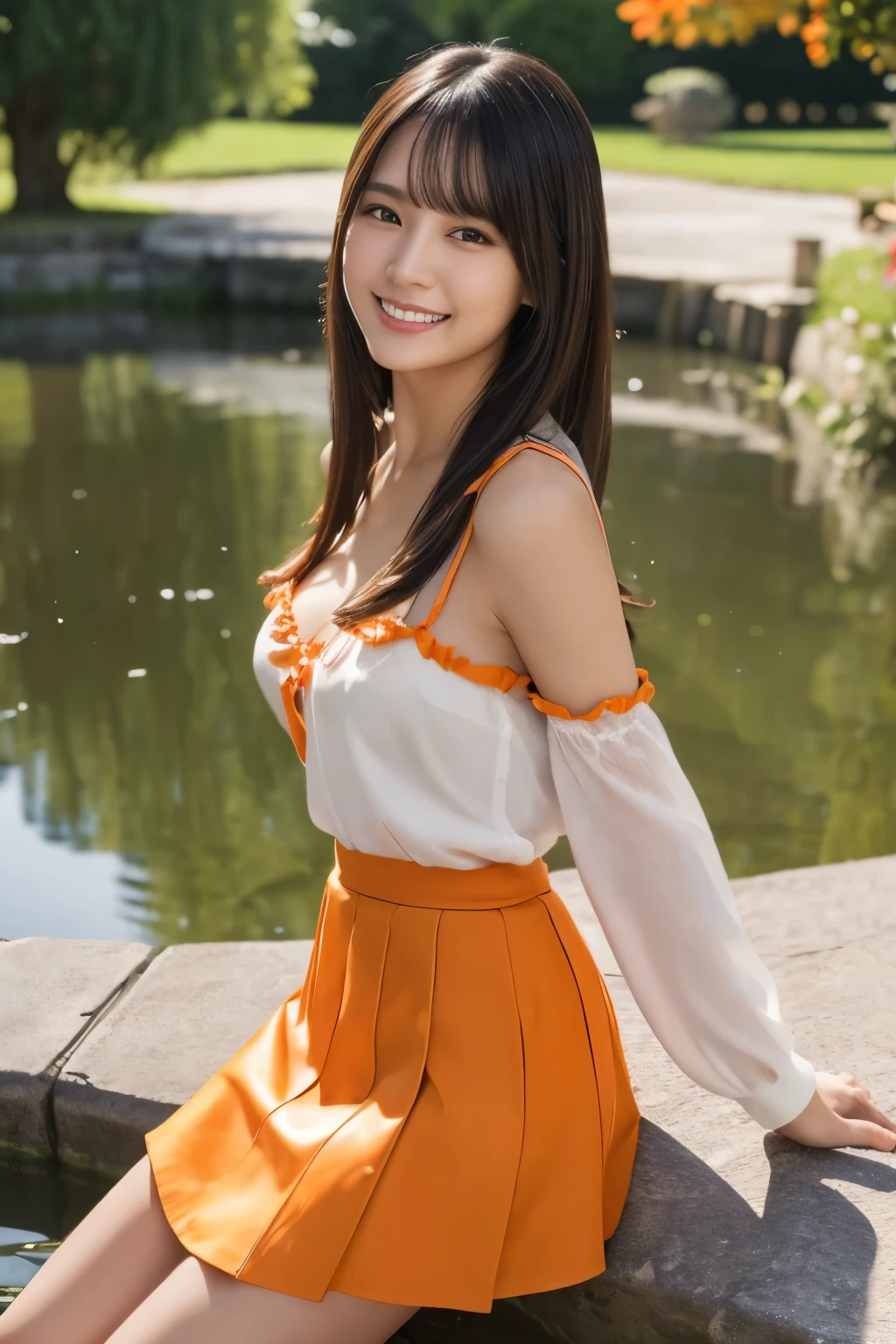 masterpiece, best quality:1.1), (8k, raw photo, photo realistic:1.2, f22), (shiny skin), detailed skin,long hair,detailed face, detailed eyes, smile,, real world, intricate details, smil, 1girl, (check pattern,skirt,orange), breast cleavage, by the pond 