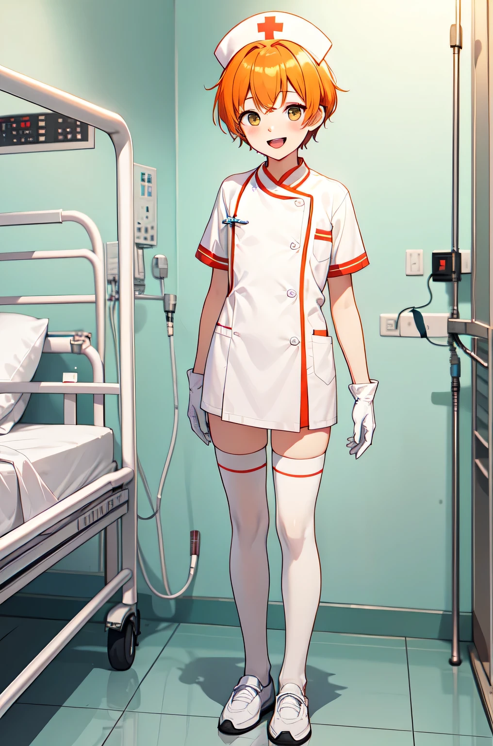 1boy, solo, male focus, nurse, white nurse cap, white nurse uniform, ((white legwear, zettai ryouiki)), white gloves, short hair, orange hair, smile, open mouth, standing, ((hospital room)), sharp outline, short sleeves, shota, 12 years old, best quality, masterpiece