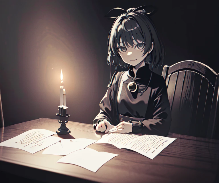 (best quality, masterpiece), (1girl, solo, black dress, sitting , looking at viewer, Marisa Kirisame, soft smile face, closed mouth, upper body) , ( table, castle on the table, paper, electromagnetic wave, candle,mug),