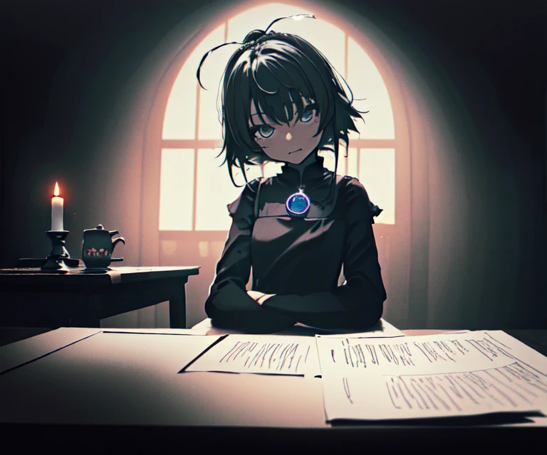 (best quality, masterpiece), (1girl, solo, black dress, sitting , looking at viewer, Marisa Kirisame, soft smile face, closed mouth, upper body) , ( table, castle on the table, paper, electromagnetic wave, candle,mug),