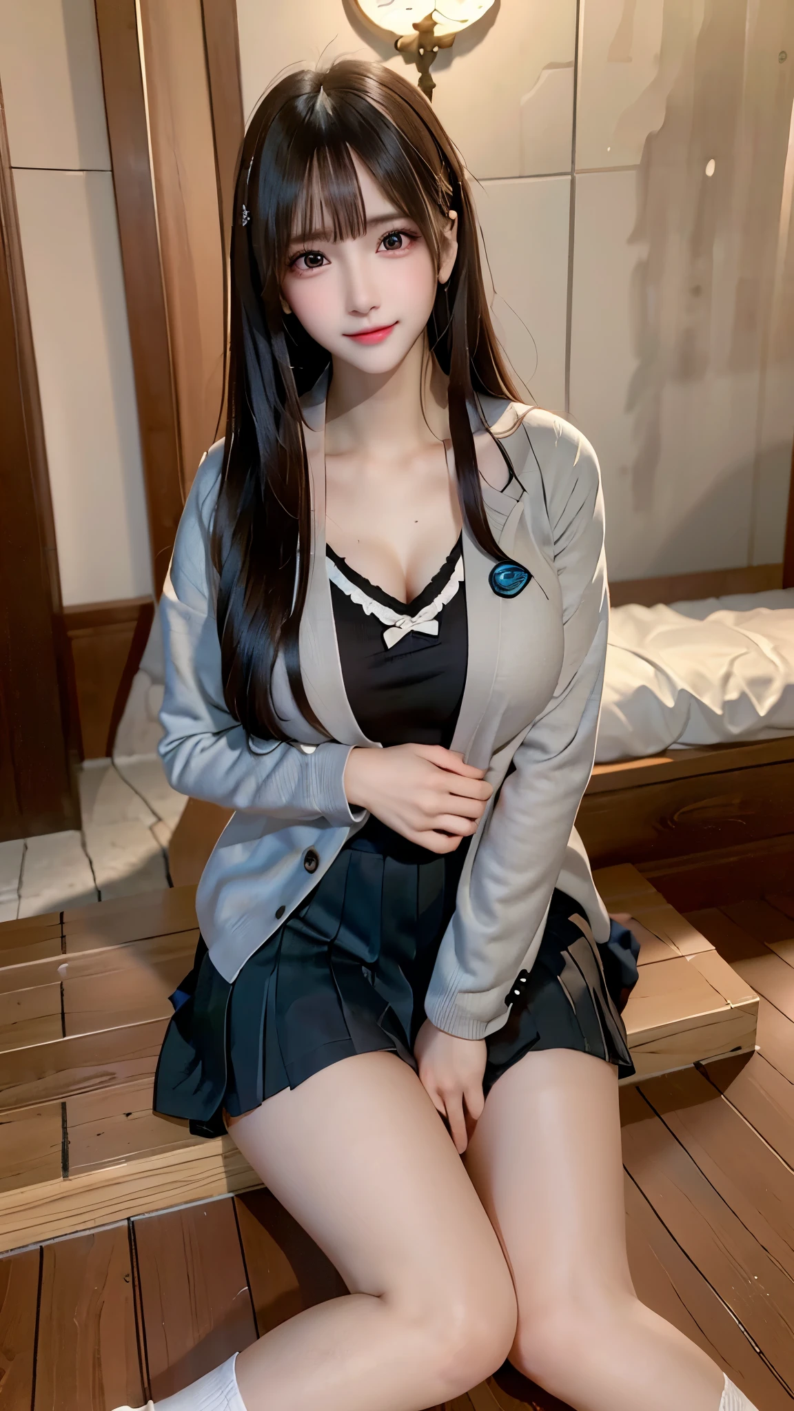 (Best Quality, 4K, 8K, hight resolution, masutepiece:1.2),1 beautiful young girl, Super beautiful detailed face, shyly smile, Symmetrical black eyes), 1 girl with a perfect body, Super fine face and eyes,slong hair,(fishnet garment:1.3, grey blazer, ribbon, socks, high school uniform: 1.2),hime cut hair, (Fine face:1.2), High quality, Realistic, Highly detailed CG unified 8K dendenden wallpaper, Highly detailed, High-definition raw color photos, Professional Photography, Realistic portrait, Cinematic Light, Beautiful detailed, Super Detail, high details, depth of fields, ((FULL BODYSHOT:1.5))、Medium Hair、semi long hair、(thighs)、(beauty legs)、(Idol Face)、Embarrassed face、 Ultra-detailed, (Realistic, Photorealistic, Photorealsitic:1.37), (Beautiful detailed eyes, Beautiful detailed lips, extremely detailed eye and face), Vivid colors, (Big Tits, ultra, Glamorous body), (Long black straight hair, Shiny hair, Shiny skin),(Photographed up to the calf)、full body Esbian