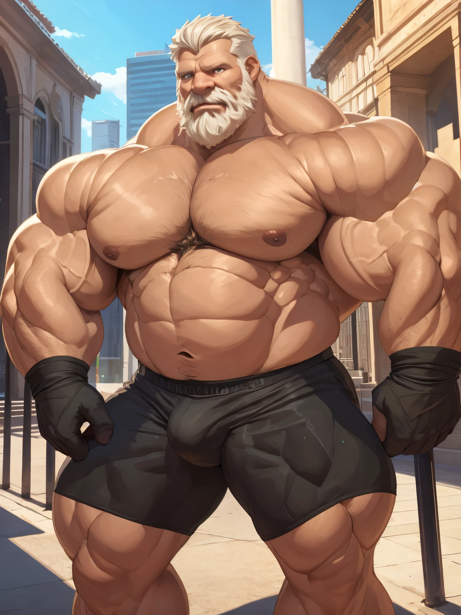 Wide medium shots, ground level camera shot, (best quality, 4k,8k, highres, masterpiece:1.2), ultra-d etailed, (realistic,photorealistic,photo-realistic:1.37).,((hyper muscular)) old man showing strong muscle wearing Hermes, black underpants , hyper muscle, hyper pectoral, hyper bicep, hyper arms, bulge, white and short hair, super thick arms, super big pectoral, super wide pectoral, topless, shirtless. 