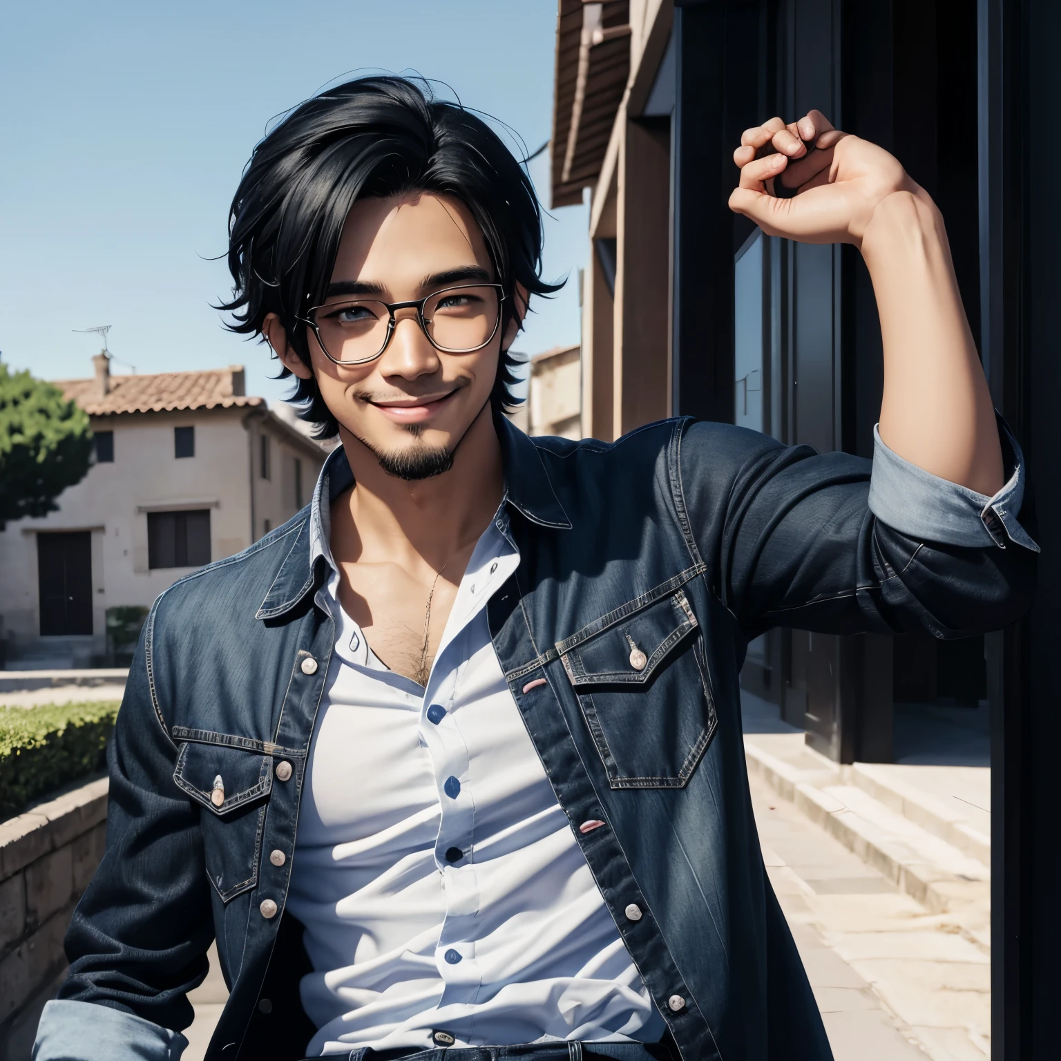 A 2D anime style picture of one man: kind, nerdy, smiling, blushing with light skin, black hair, trimmed facial hair, a slim straight nose, blue Asian eyes, and black rectangular glasses, wearing a black Button-up shirt and blue jeans in southern France
