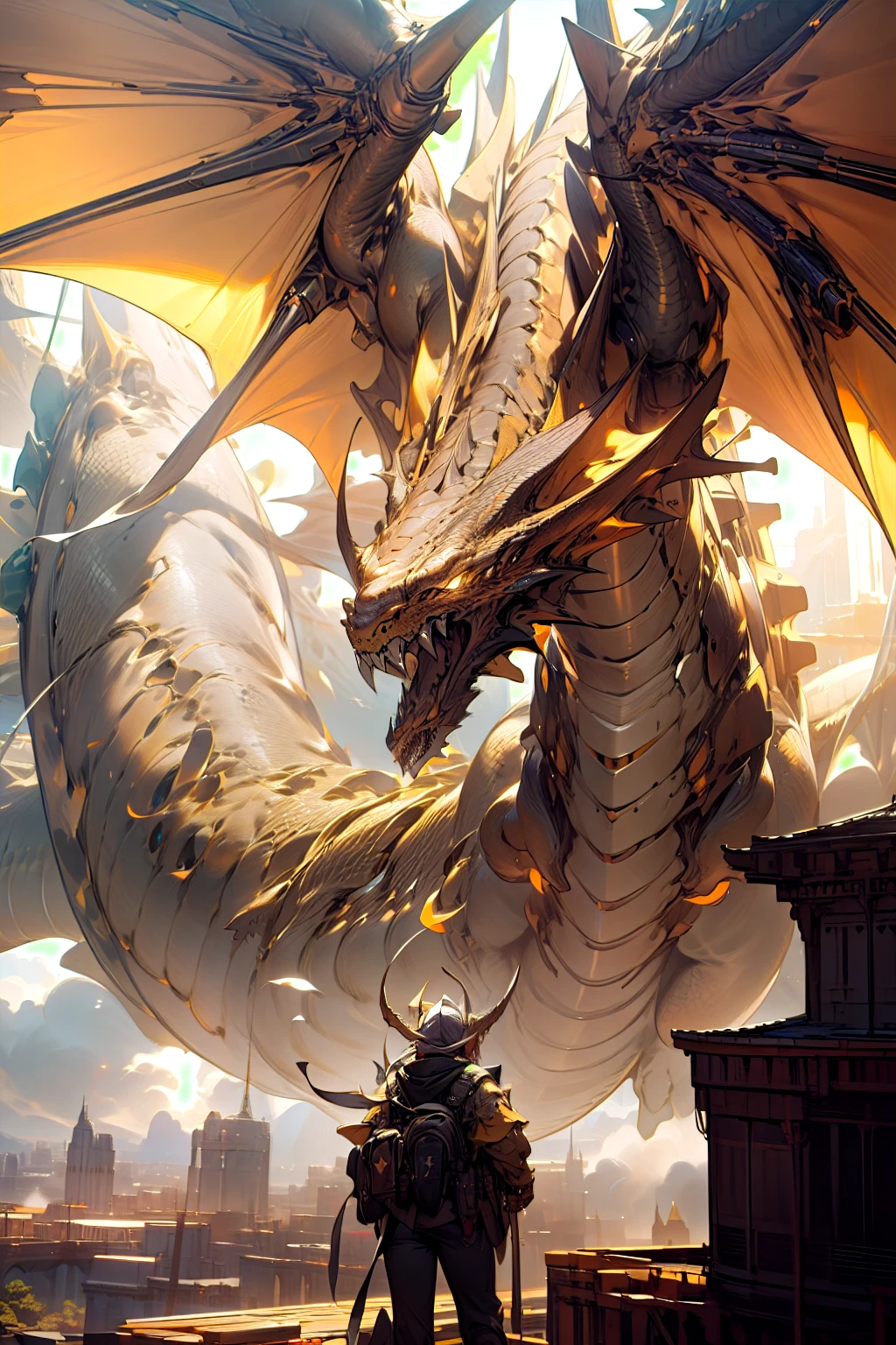 masterpiece, best quality, high quality, cinematic lighting, beautiful and aesthetic, ultra detailed, great composition, floating, depth of view, (extremely detailed CG, unity 8k wallpaper), (beautifully detailed background), sun lighting, mecha, gear, dragon, giant dragon, yellow