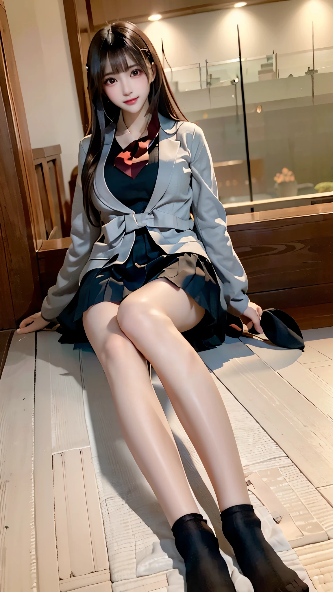 (Best Quality, 4K, 8K, hight resolution, masutepiece:1.2),1 beautiful young girl, Super beautiful detailed face, shyly smile, Symmetrical black eyes),  1 girl with a perfect body， Super fine face and eyes，slong hair，(fishnet garment:1.3, grey blazer, ribbon, socks,  high school uniform: 1.2)，hime cut hair, (Fine face:1.2), High quality, Realistic, Highly detailed CG unified 8K dendenden wallpaper, Highly detailed, High-definition raw color photos, Professional Photography, Realistic portrait, Cinematic Light, Beautiful detailed, Super Detail, high details,  depth of fields, ((FULL BODYSHOT:1.5))、Medium Hair、semi long hair、(thighs)、(beauty legs)、(Idol Face)、Embarrassed face、 Ultra-detailed, (Realistic, Photorealistic, Photorealsitic:1.37), (Beautiful detailed eyes, Beautiful detailed lips, extremely detailed eye and face), Vivid colors, (Big Tits, ultra, Glamorous body), (Long black straight hair, Shiny hair, Shiny skin),(Photographed up to the calf)、full body Esbian