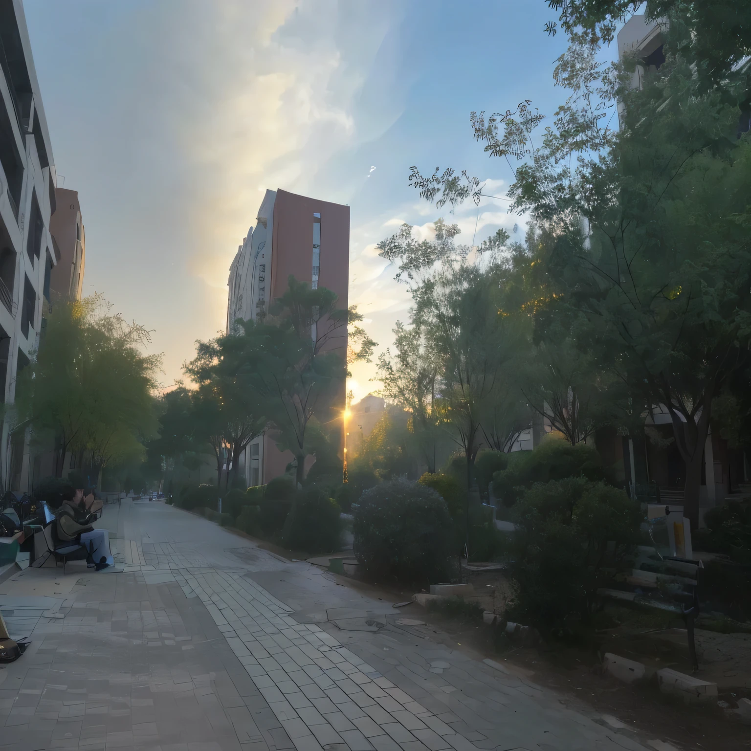 A man sits on a bench in the middle of the street, Beautiful afternoon, Golden hour in Beijing, The sun is going down, The afternoon light is beautiful, Sunny wide angle lens, afternoon lights, Nature growing around cities, Beautiful light in the spring afternoon, afternoon sunshine, building in the distance, Shooting during the golden hour