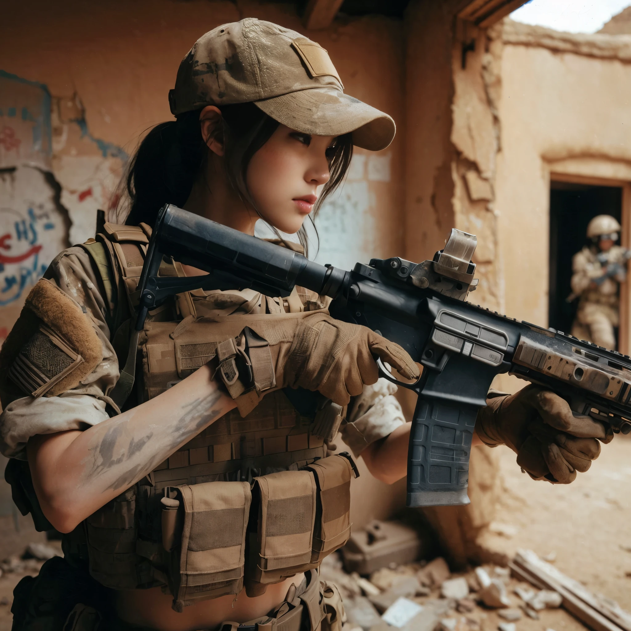 8K, realistic photo, realistic skin texture, Japanese women in the U.S. Army、、Abandoned settlement in the desert、In a room in a small, crumbling, abandoned building、The roof of the building is gone There is only a wall.、Respond to gunfire、Sand is piled up、Intense gunfight、Fighting back with automatic rifles、Bulletproof vest、cap、Afghan Stole、backpack、Vigilance、The background is out of focus、、Dynamic pose、Flying wall fragments、Innovative composition