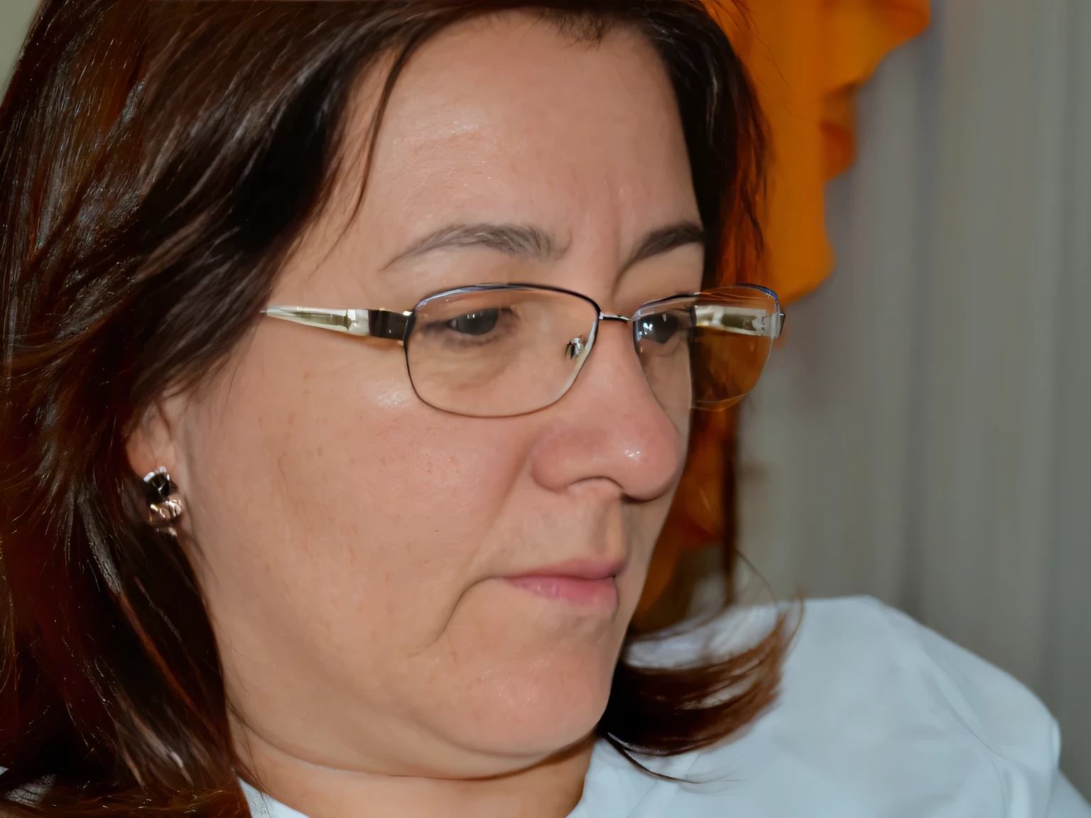 there is a woman wearing glasses and a tie looking at a cell phone, portrait of a 40 years old women, moleksandra shchaslyva, photo of jessica devic, wearing reading glasses, by Maksimilijan Vanka, wearing thin large round glasses, portrait of morana, marina federovna, close up portrait of woman