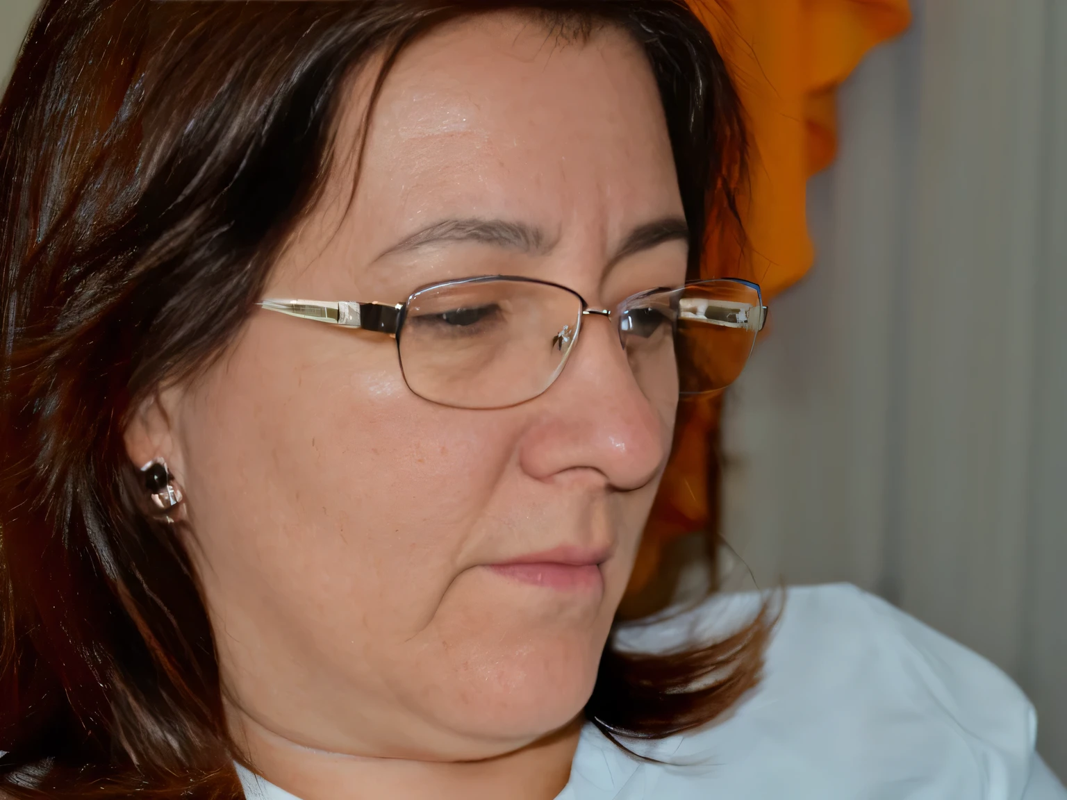 there is a woman wearing glasses and a tie looking at a cell phone, portrait of a 40 years old women, moleksandra shchaslyva, photo of jessica devic, wearing reading glasses, by Maksimilijan Vanka, wearing thin large round glasses, portrait of morana, marina federovna, close up portrait of woman