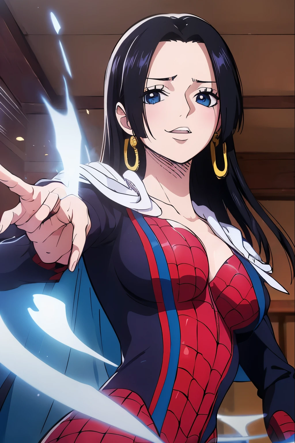 (((obra maestra))), (((Mejor calidad))), ((ultra detallado)), (highly detailed CG illustration), boa hancock, , (obra maestra:1.5), Foto detallada, ella lleva un traje de Spiderman,ajustado,sonriente,cuerpo entero, sexy, (Mejor calidad: 1.4), (1 chica), Hermoso Face, (pelaje negro, ancho: 1.3), Hermoso Hairstyle, ella usa un traje de spiderman, Hermosos detalles ojos, (Piel realista), Piel hermosa, absurdo, atractivo, Ultra high resolution, High Definition, (excitado sexualmente:1.5), piel blanca rosada, cool white light, pose sexy, Hermoso , Fondo blanco, luz blanca suave rosa,lleva un traje de Spiderman, , {inside the room|exteriores|fondo simple}，(Sin correa para el hombro:1.3)，(ebrio:1.7)) （por el WAVY：0.8）， pelaje negro，(blue eyes)，pechos grandes，sonrisa, (Estar rojo en la cara:1.4)，mira a la camara, lleva un traje de Spiderman,traje de Spiderman,sexy,ajustado,mallas spiderman ajustadas,