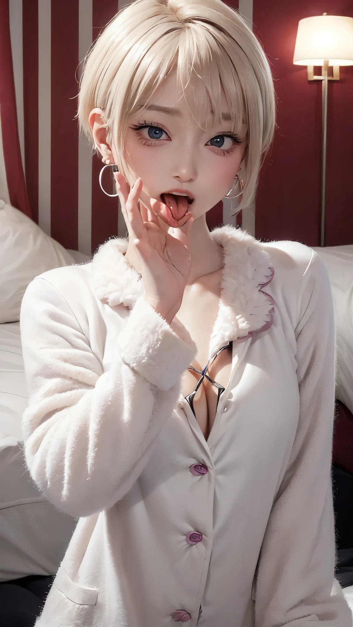 1 girl、alone、masterpiece,highest quality,High resolution,Very detailed, Earrings,Big cleavage、,
Cute pose、(((Open your mouth wide))), (Ahegao:1.7),
Blonde pixie short hair、
(((Accurate 5-finger)))、Accurate human body、Perfect human body、((Captivating smile ))、
(((All of these pajamas are made of fluffy fleece material.:1.8, Thick white horizontal stripes))),
(Love hotel bedroom:1.5), Dark Room、indoor、Detailed Background、