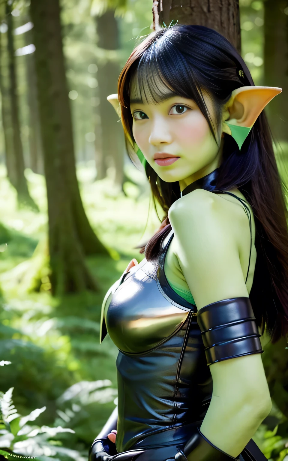 (8K quality、High resolution、Ultra-detailed、最high quality、masterpiece、high quality、Perfect dynamic composition,Gravure photo、Realistic:1.3)、Perfect lighting、One Goblin Woman、Detailed face、Detailed skin、Detailed eyes、Beautiful Face、（Full Body Shot、Otherworldly fantasy:1.3)、Green Face、Green Skin、Green body、Green Hair、Pointed Ears、Stolen equipment、Leather Armor、forest