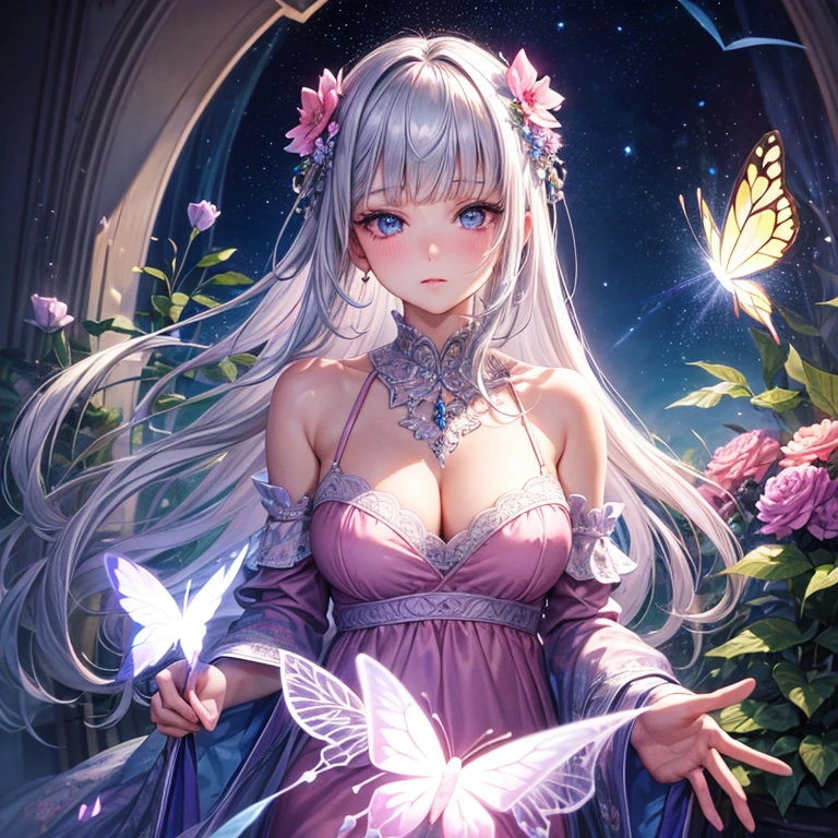 masterpiece, (highest quality), ((Most detailed)), Depth of written boundary, Beautiful girl, Beautiful Face, night,Silver Hair,Blunt bangs,Blue Eyes,Pink Cheeks,pajamas, Spirit, flower, Colorful landscapes, Flowers, butterfly, Glowing Dress, element