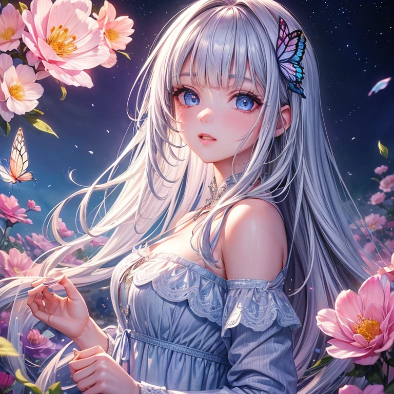 masterpiece, (highest quality), ((Most detailed)), Depth of written boundary, Beautiful girl, Beautiful Face, night,Silver Hair,Blunt bangs,Blue Eyes,Pink Cheeks,pajamas, Spirit, flower, Colorful landscapes, Flowers, butterfly, Glowing Dress, element