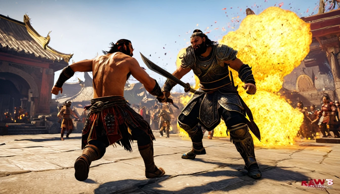 (8k, RAW photo, best quality, mastery:1.3),(realistic,photo-realistic:1.37), A moster realising fire and a warrior fight to him, and viewer is behind him and looking seen, game like high graphics, the warriors has a legendary sword