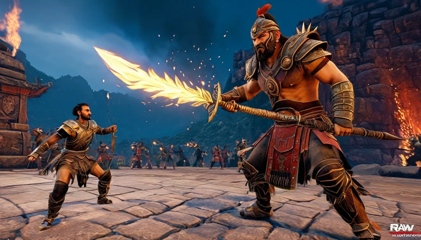 (8k, RAW photo, best quality, mastery:1.3),(realistic,photo-realistic:1.37), A moster realising fire and a warrior fight to him, and  viewer is behind him and looking seen, game like high graphics, the warriors has a legendary sword