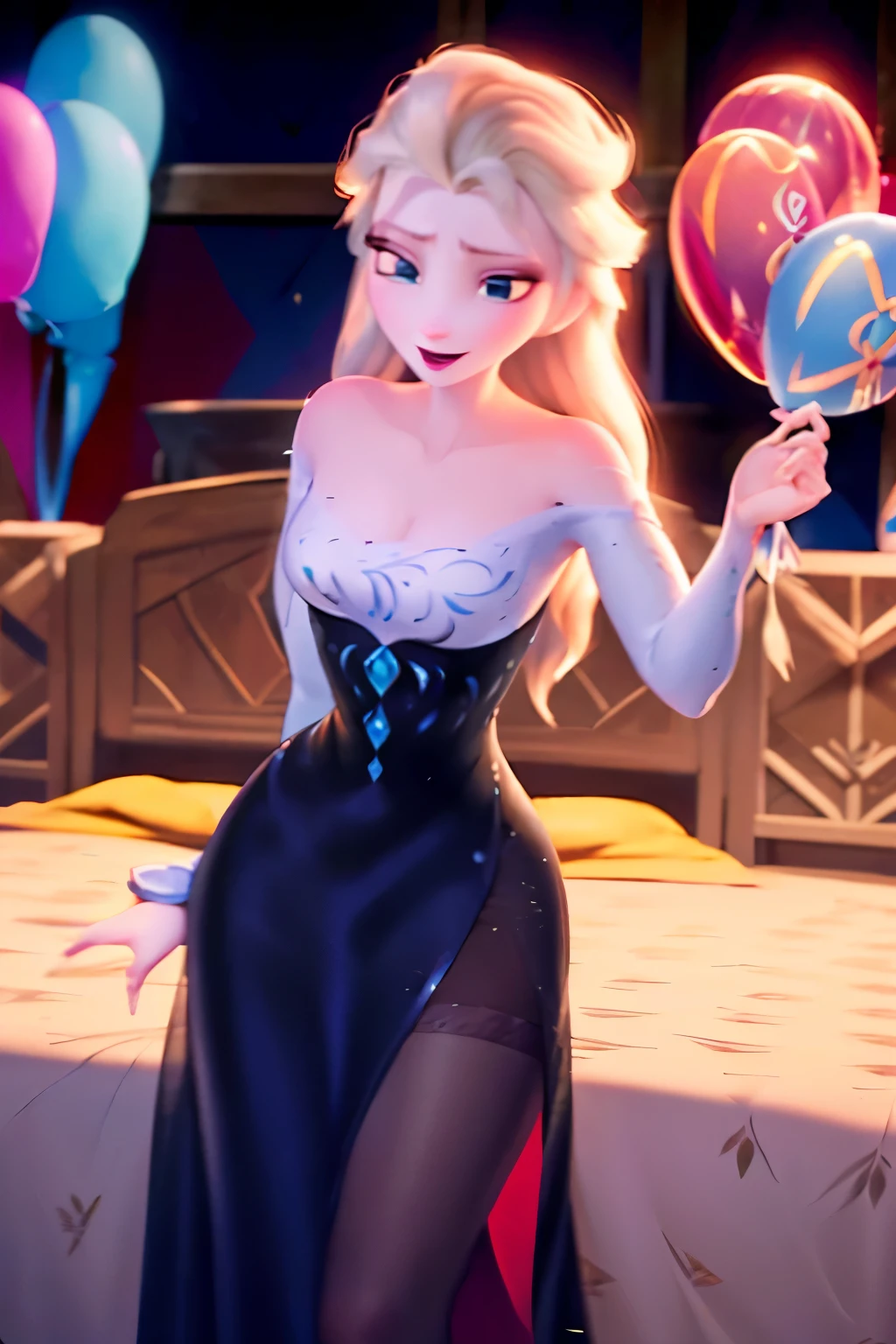 (obra maestra:1.4), (mejor calidad:1.4), (High resolution:1.4), Elsa de Arendelle, They are smiling, Vestido de Ice Queen, dormitorio, mirando al espectador, 1 girl solamente, Enfoque en solitario, Elsa with birthday balloons