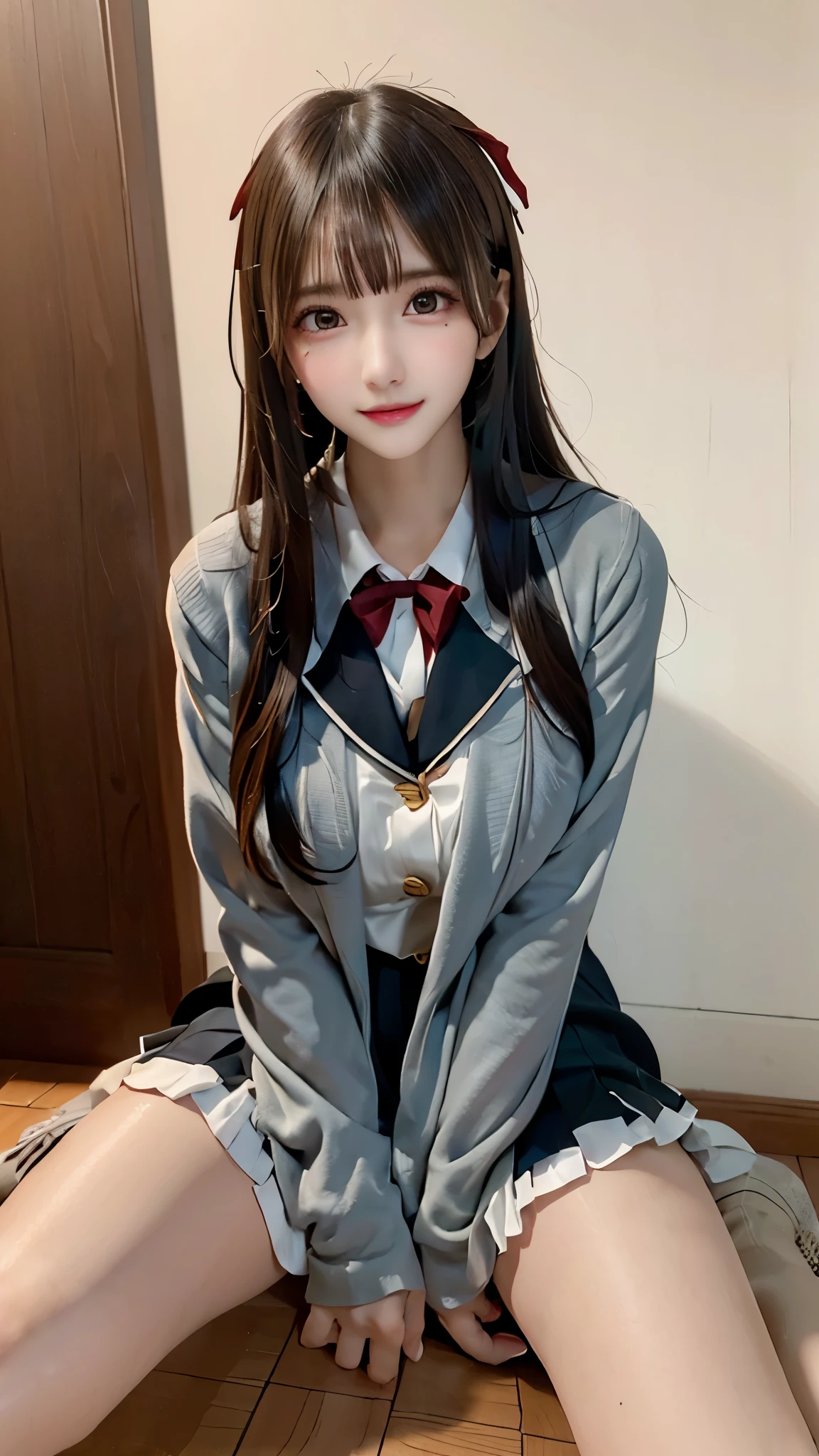 (Best Quality, 4K, 8K, hight resolution, masutepiece:1.2),1 beautiful young girl, Super beautiful detailed face, shyly smile, Symmetrical black eyes),  1 girl with a perfect body， Super fine face and eyes，slong hair，(fishnet garment:1.3, grey blazer, ribbon, socks,  high school uniform: 1.2)，hime cut hair, (Fine face:1.2), High quality, Realistic, Highly detailed CG unified 8K dendenden wallpaper, Highly detailed, High-definition raw color photos, Professional Photography, Realistic portrait, Cinematic Light, Beautiful detailed, Super Detail, high details,  depth of fields, ((FULL BODYSHOT:1.5))、Medium Hair、semi long hair、(thighs)、(beauty legs)、(Idol Face)、Embarrassed face、 Ultra-detailed, (Realistic, Photorealistic, Photorealsitic:1.37), (Beautiful detailed eyes, Beautiful detailed lips, extremely detailed eye and face), Vivid colors, (Big Tits, ultra, Glamorous body), (Long black straight hair, Shiny hair, Shiny skin),(Photographed up to the calf)、full body Esbian